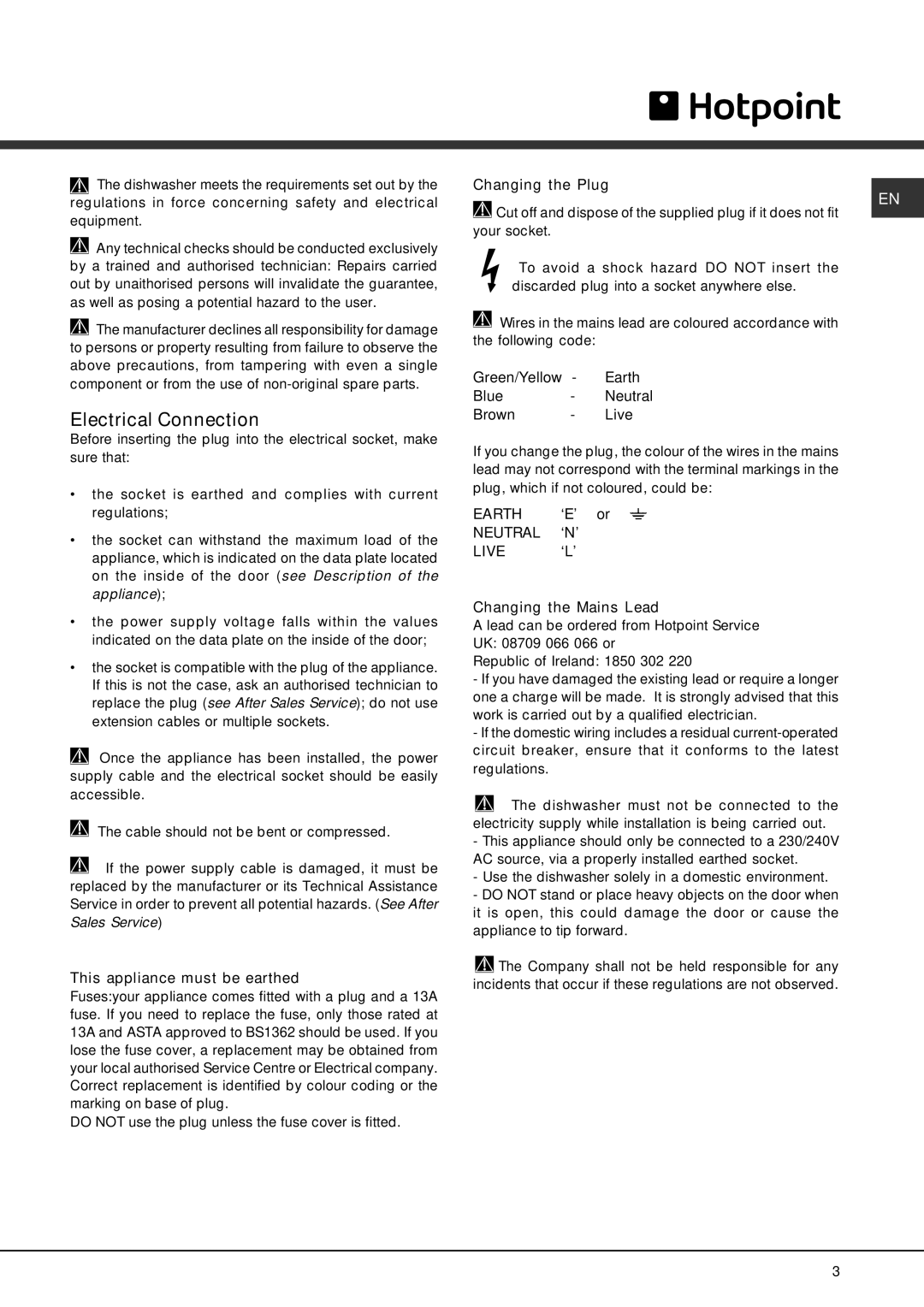 Eureka fdem 3101 manual Electrical Connection, Changing the Plug, This appliance must be earthed, Changing the Mains Lead 