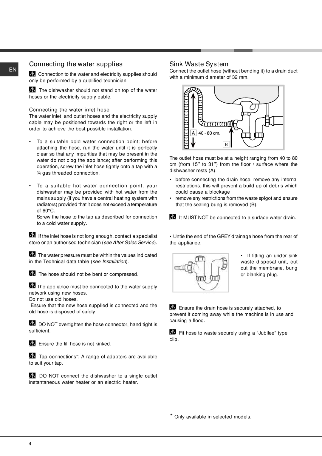 Eureka fdem 3101 manual Connecting the water supplies, Sink Waste System, Connecting the water inlet hose 