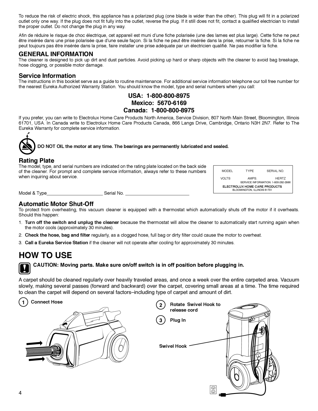 Eureka HD3684A warranty General Information, Service Information 