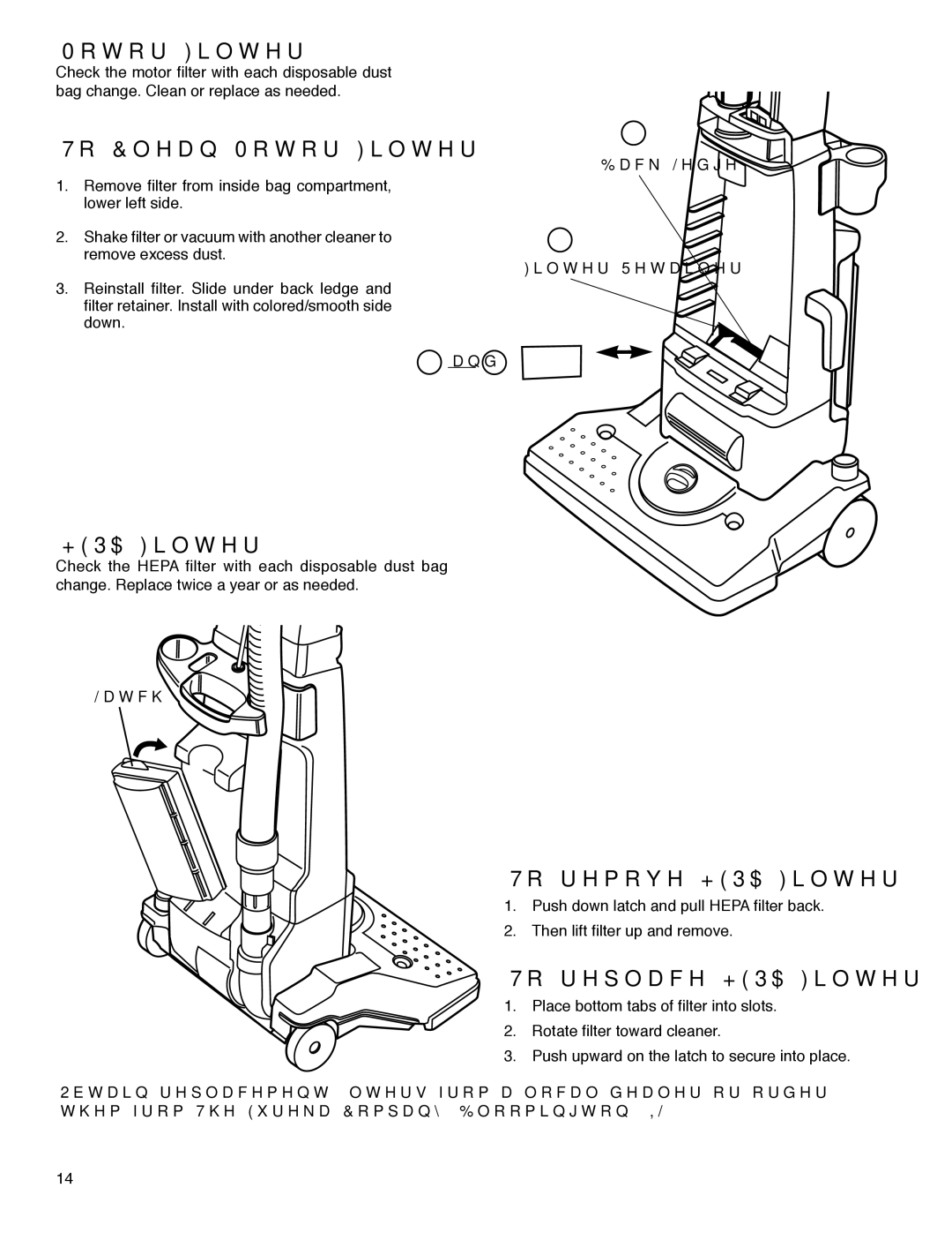 Eureka HD4570 warranty To Clean Motor Filter, To remove Hepa Filter, To replace Hepa Filter 