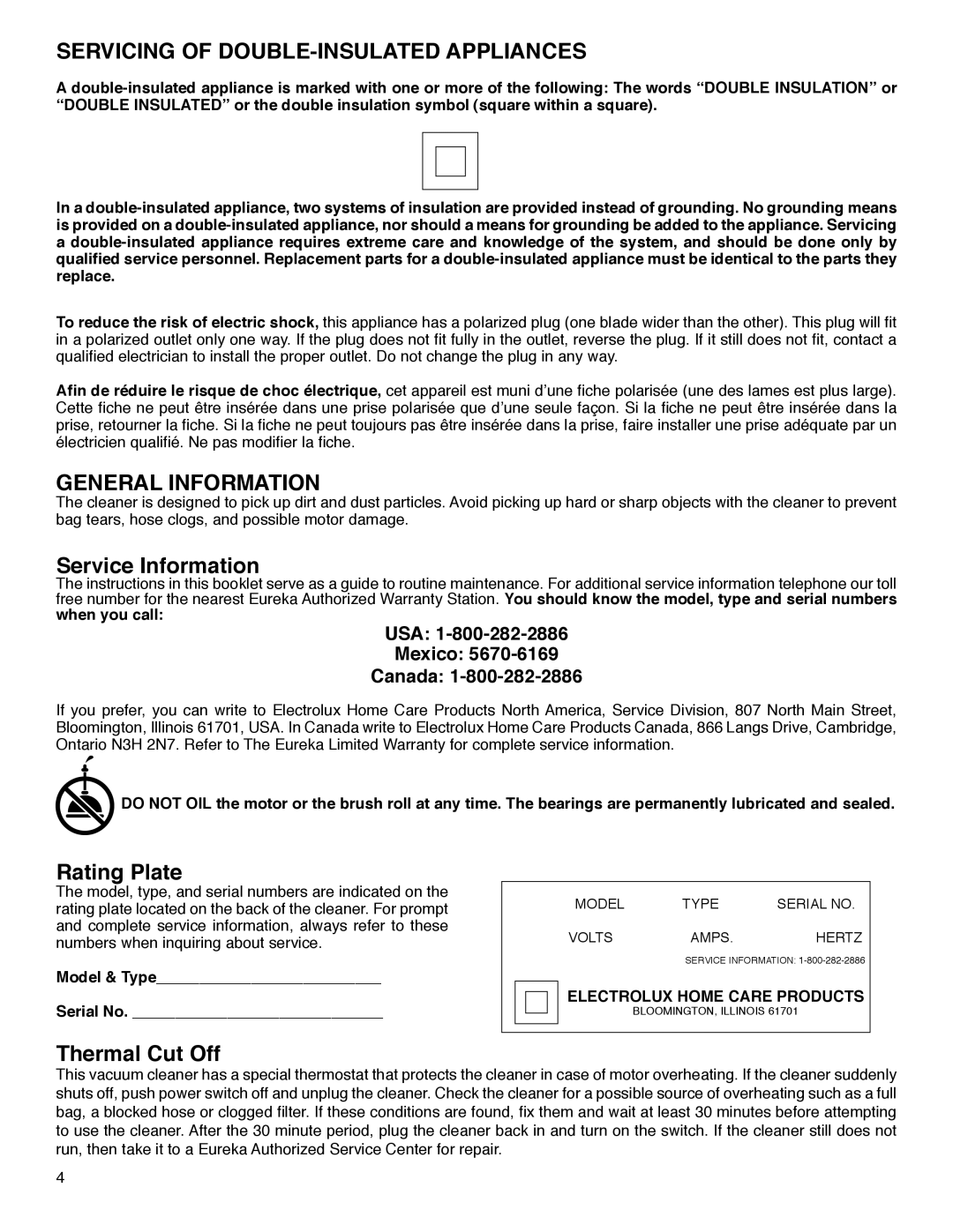 Eureka HD4570 warranty Servicing of DOUBLE-INSULATED Appliances, General Information, Service Information, Rating Plate 