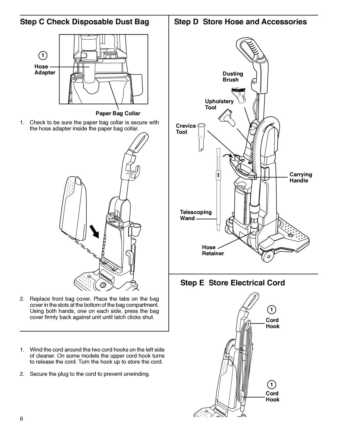 Eureka HD4570 Step C Check Disposable Dust Bag, Step D Store Hose and Accessories, Step E Store Electrical Cord, Cord Hook 