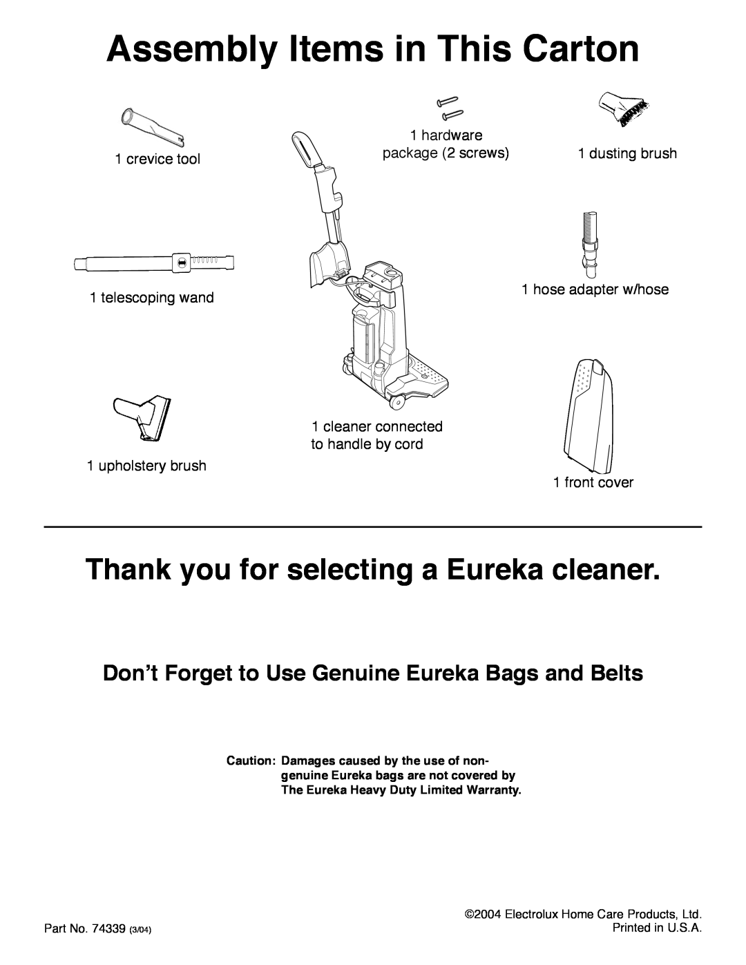 Eureka HD4570 warranty Assembly Items in This Carton, Thank you for selecting a Eureka cleaner, crevice tool, dusting brush 
