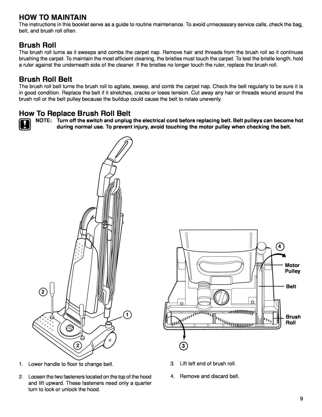 Eureka HD4570 warranty How To Maintain, How To Replace Brush Roll Belt, Motor, Pulley 
