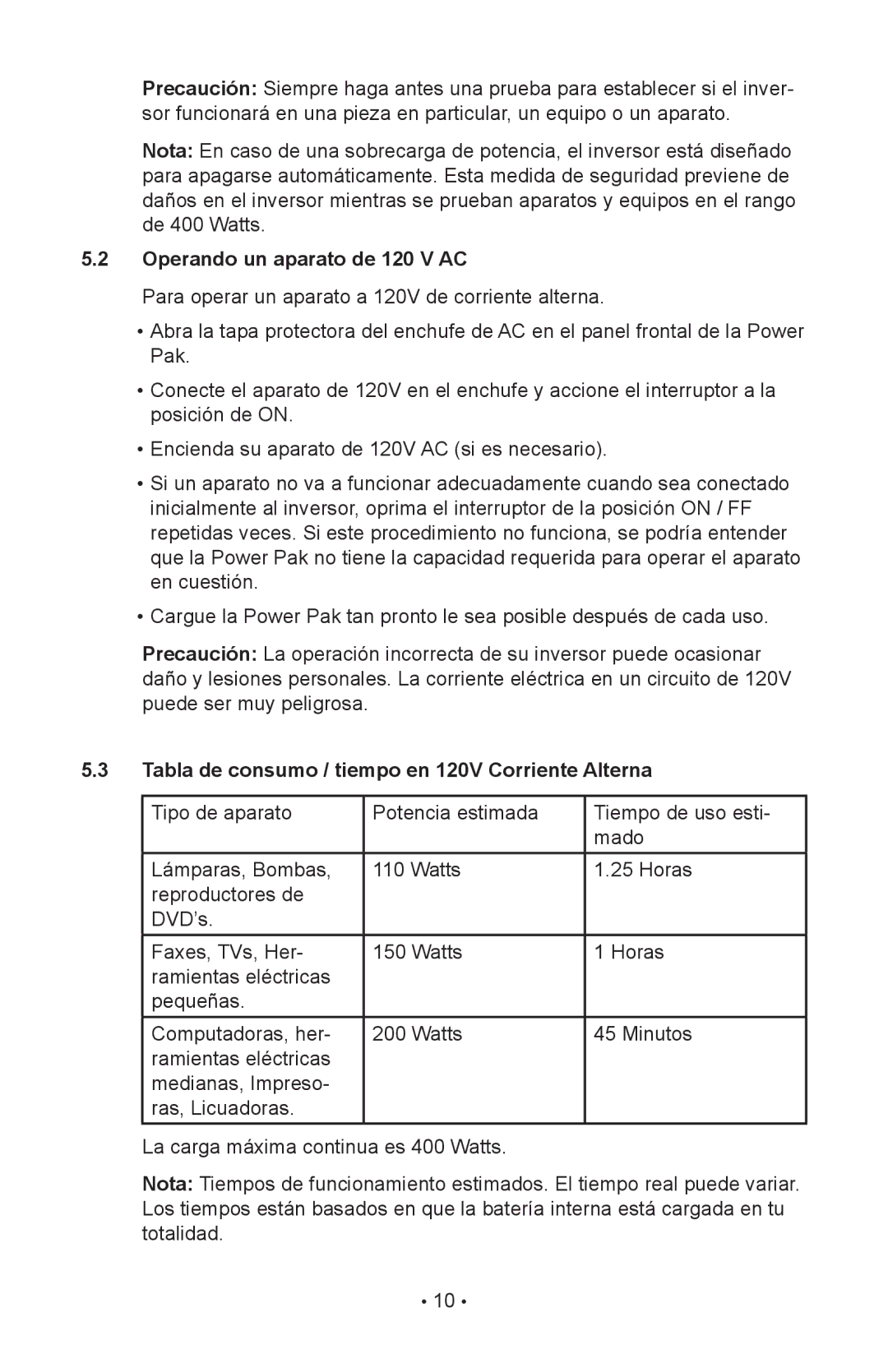 Eureka JO-1800 owner manual Operando un aparato de 120 V AC, Tabla de consumo / tiempo en 120V Corriente Alterna 