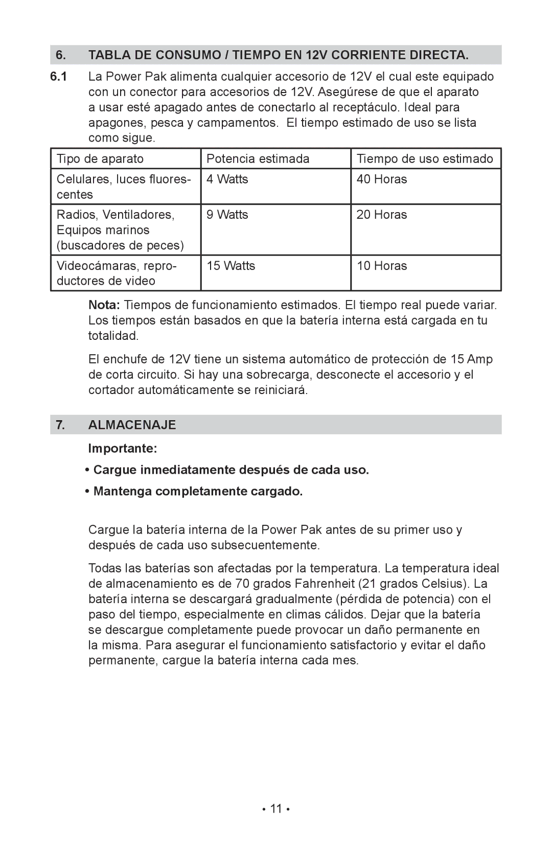 Eureka JO-1800 owner manual Tabla de consumo / tiempo en 12V Corriente Directa 