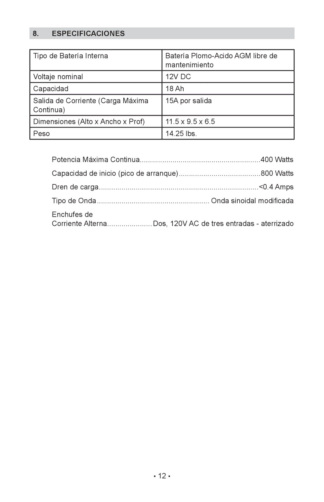 Eureka JO-1800 owner manual Especificaciones 