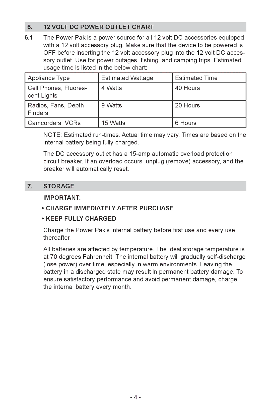 Eureka JO-1800 owner manual Volt dc power outlet chart 