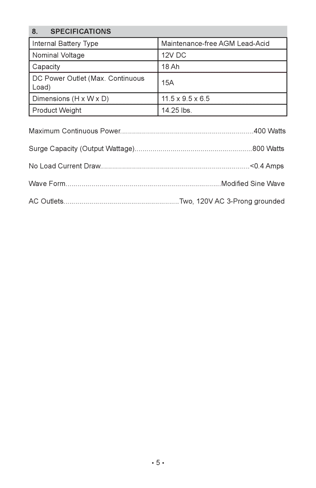 Eureka JO-1800 owner manual Specifications 