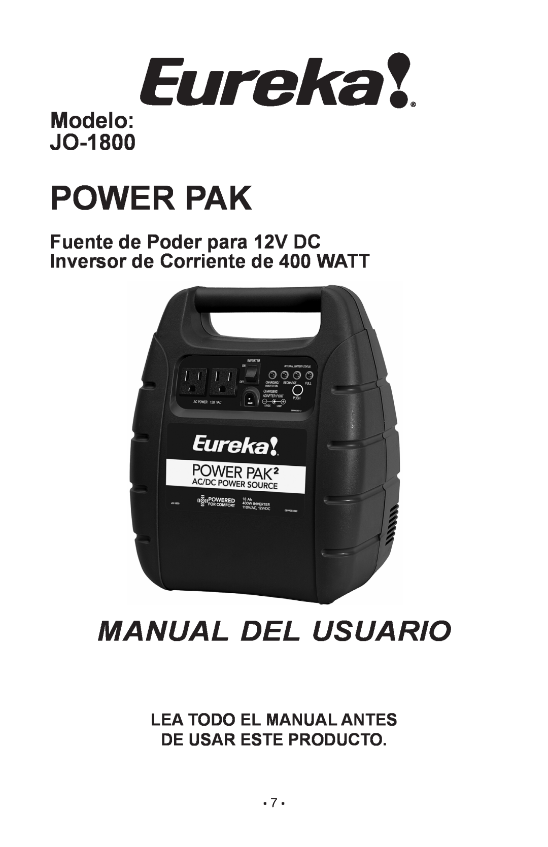 Eureka owner manual MANUAL DEL usuario, Modelo JO-1800, Lea Todo El Manual Antes De Usar Este Producto, Power Pak 