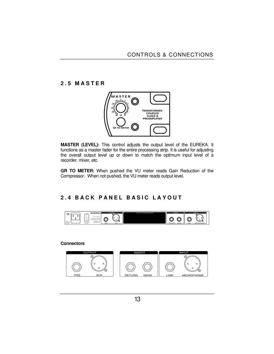 Eureka Microphone Preamplifier user manual A S T E R, A C K P a N E L B a S I C L a Y O U T, Connectors 