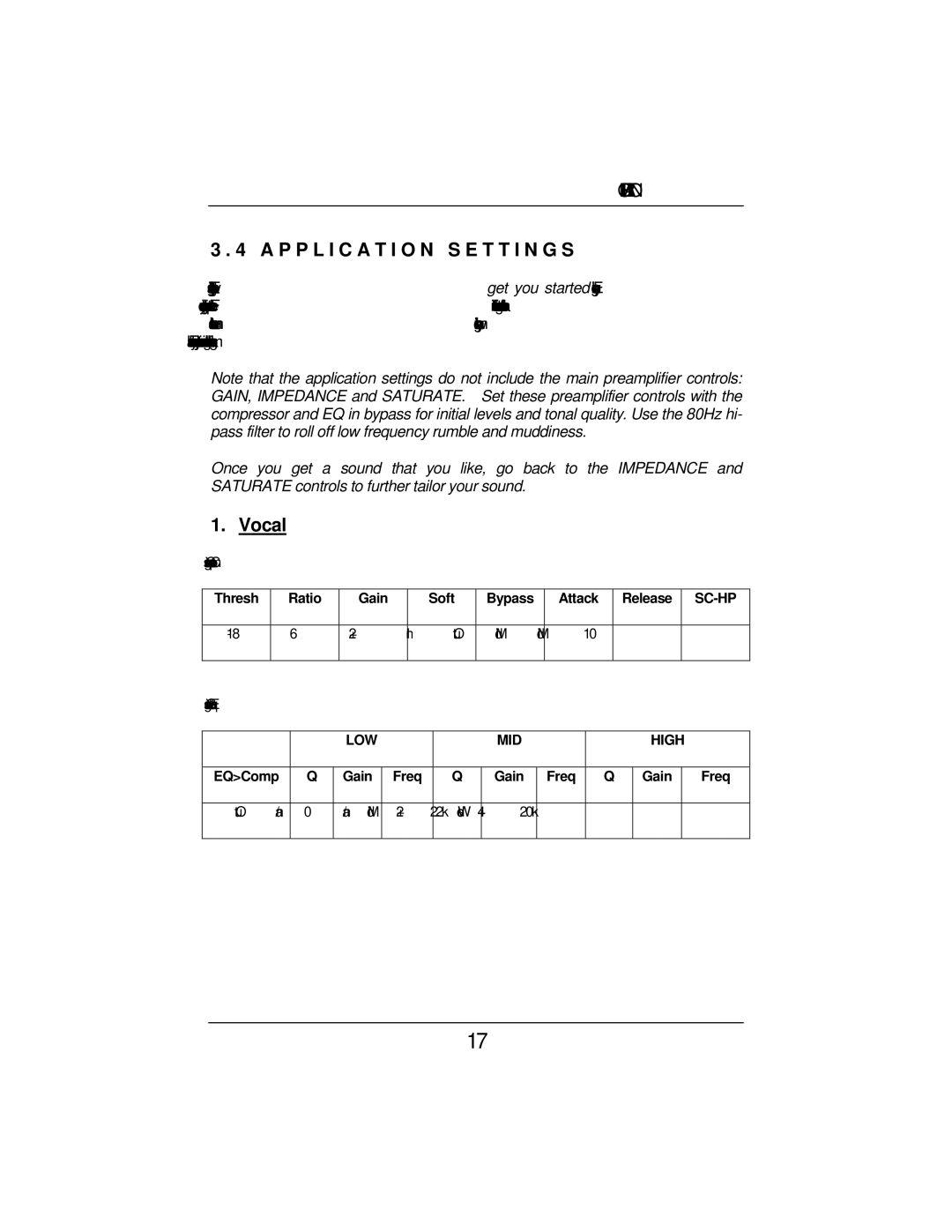 Eureka Microphone Preamplifier user manual P P L I C a T I O N S E T T I N G S, Vocal 