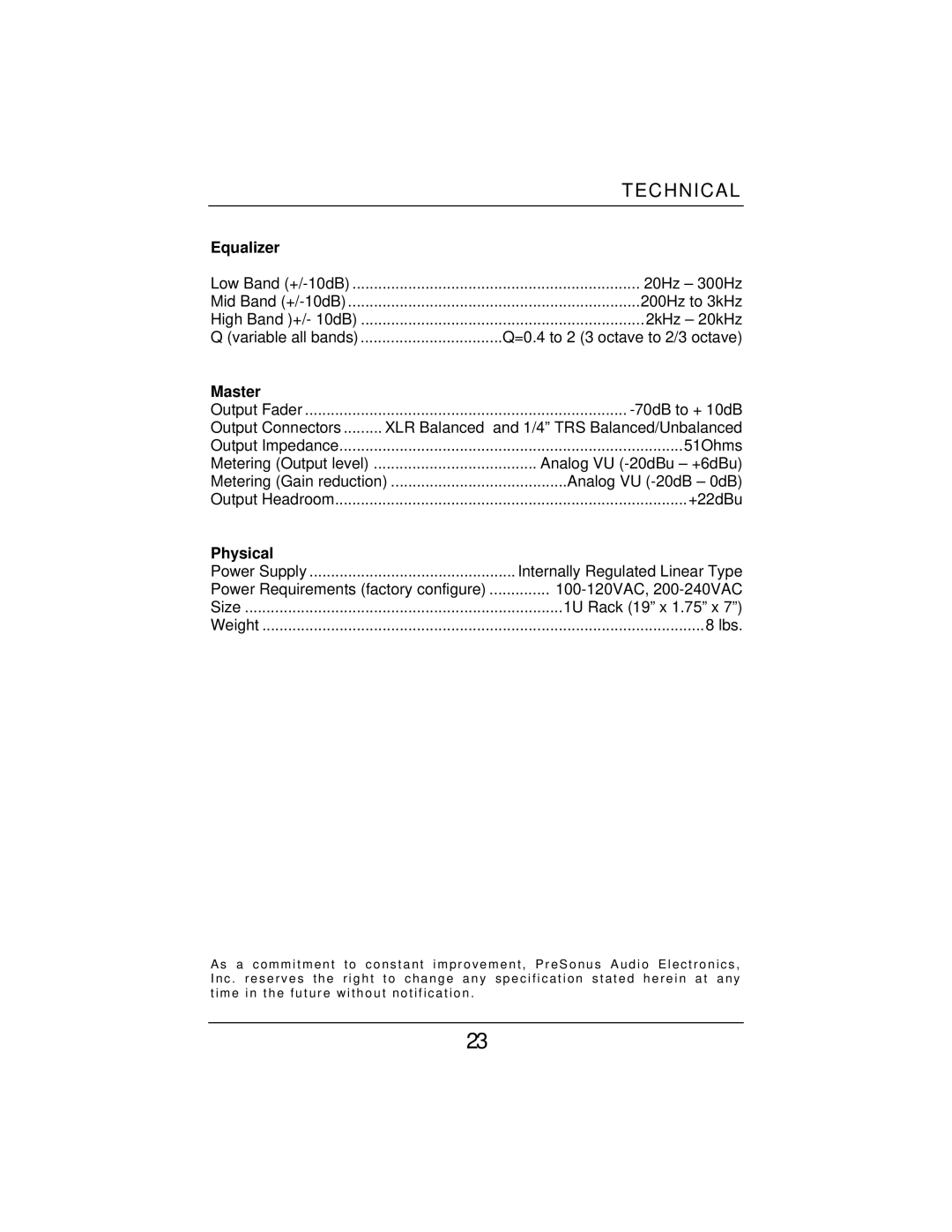 Eureka Microphone Preamplifier user manual Technical, Equalizer, Master, Physical 