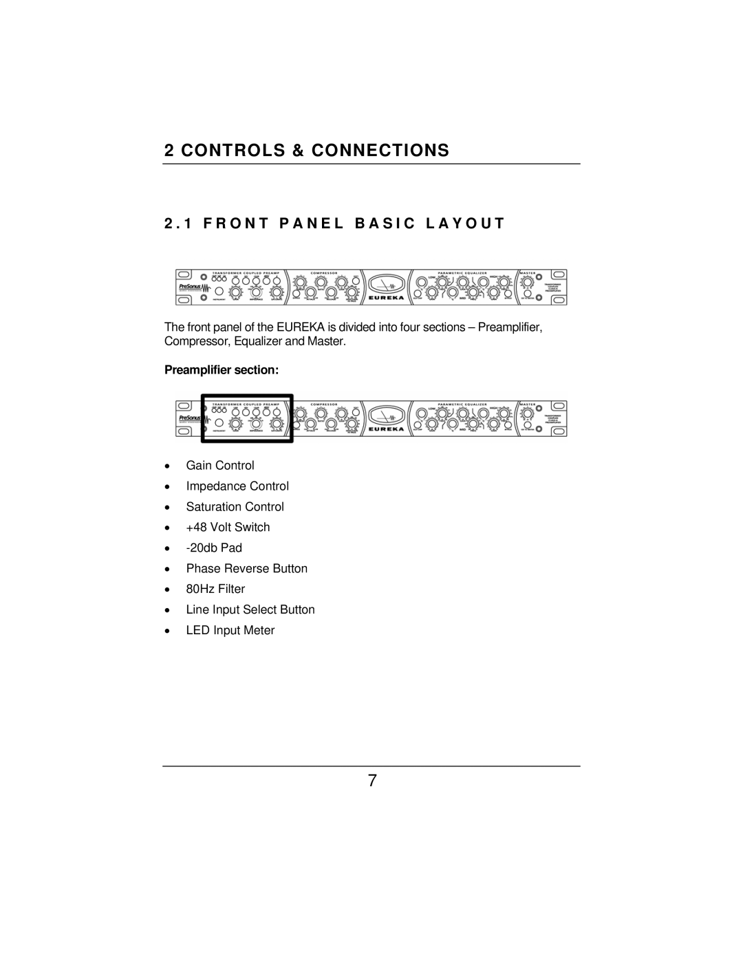 Eureka Microphone Preamplifier user manual R O N T P a N E L B a S I C L a Y O U T, Preamplifier section 