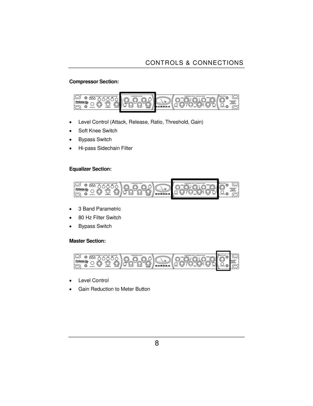 Eureka Microphone Preamplifier user manual Controls & Connections, Compressor Section, Equalizer Section 