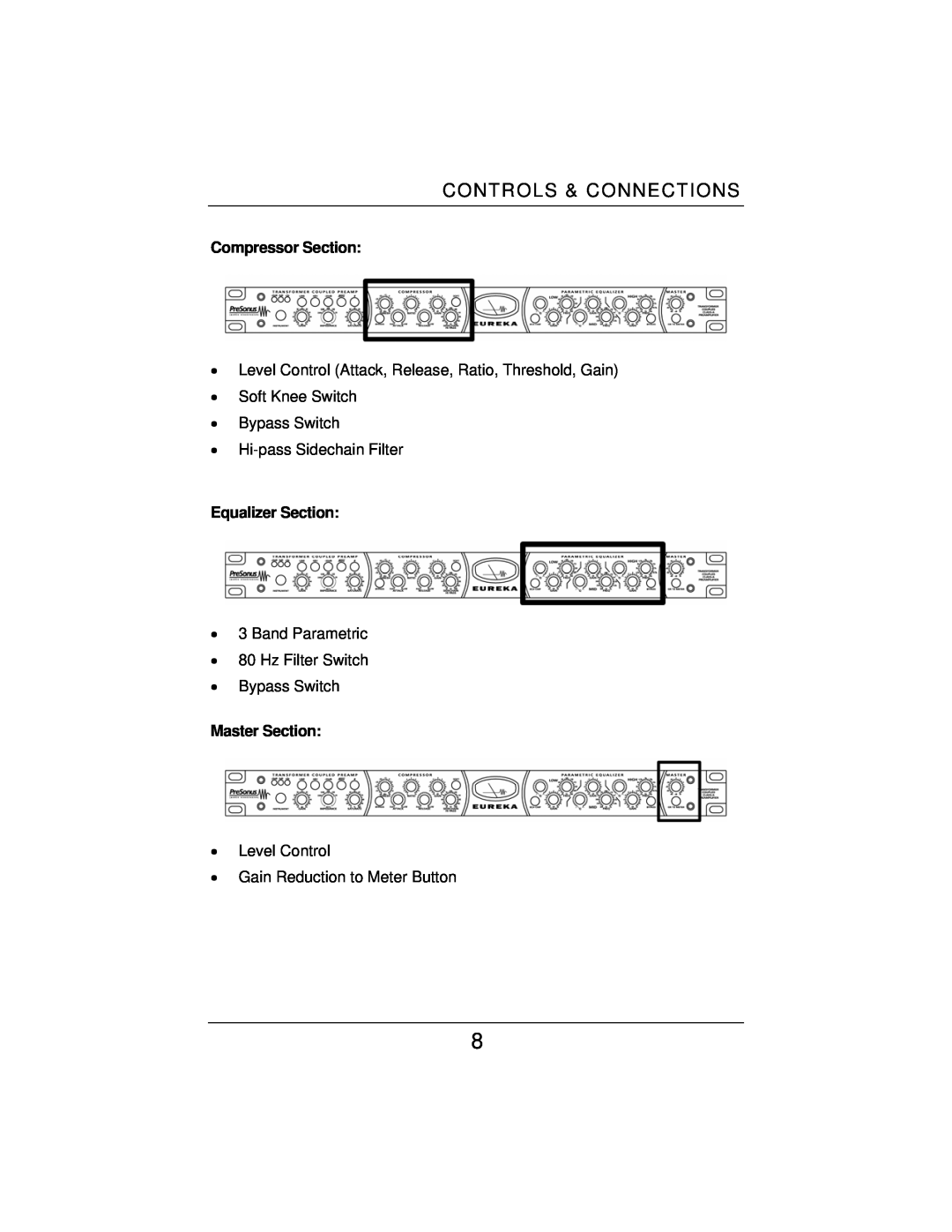 Eureka Microphone Preamplifier user manual Controls & Connections, Compressor Section, Equalizer Section, Master Section 