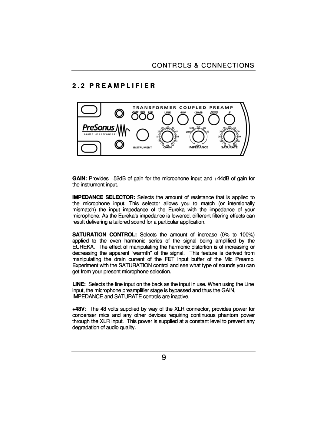 Eureka Microphone Preamplifier user manual 2 . 2 P R E A M P L I F I E R, Controls & Connections 