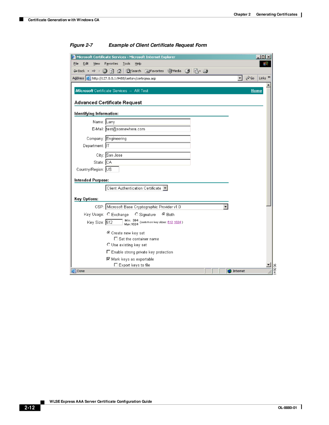 Eureka OL-8880-01 manual Example of Client Certificate Request Form 