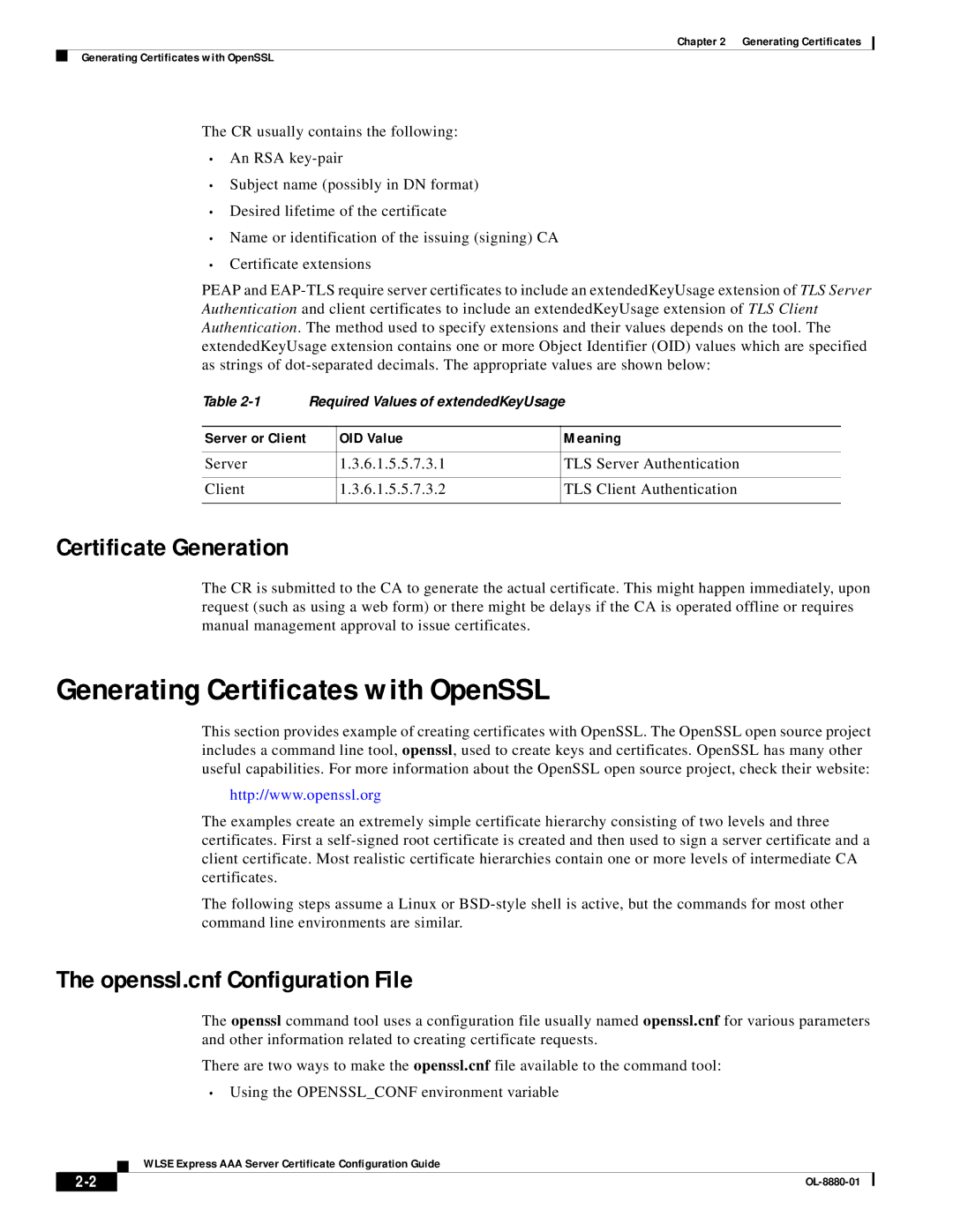 Eureka OL-8880-01 manual Certificate Generation, Openssl.cnf Configuration File 