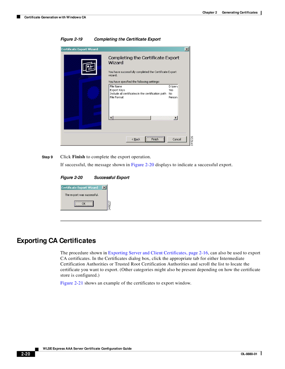 Eureka OL-8880-01 manual Exporting CA Certificates, Completing the Certificate Export 