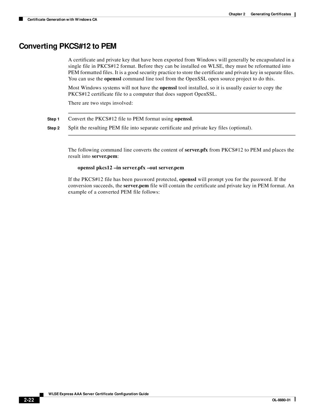 Eureka OL-8880-01 manual Converting PKCS#12 to PEM, Openssl pkcs12 -in server.pfx -out server.pem 