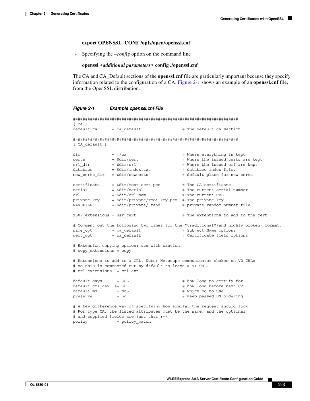 Eureka OL-8880-01 manual Export Opensslconf /opts/open/openssl.cnf, Example openssl.cnf File 