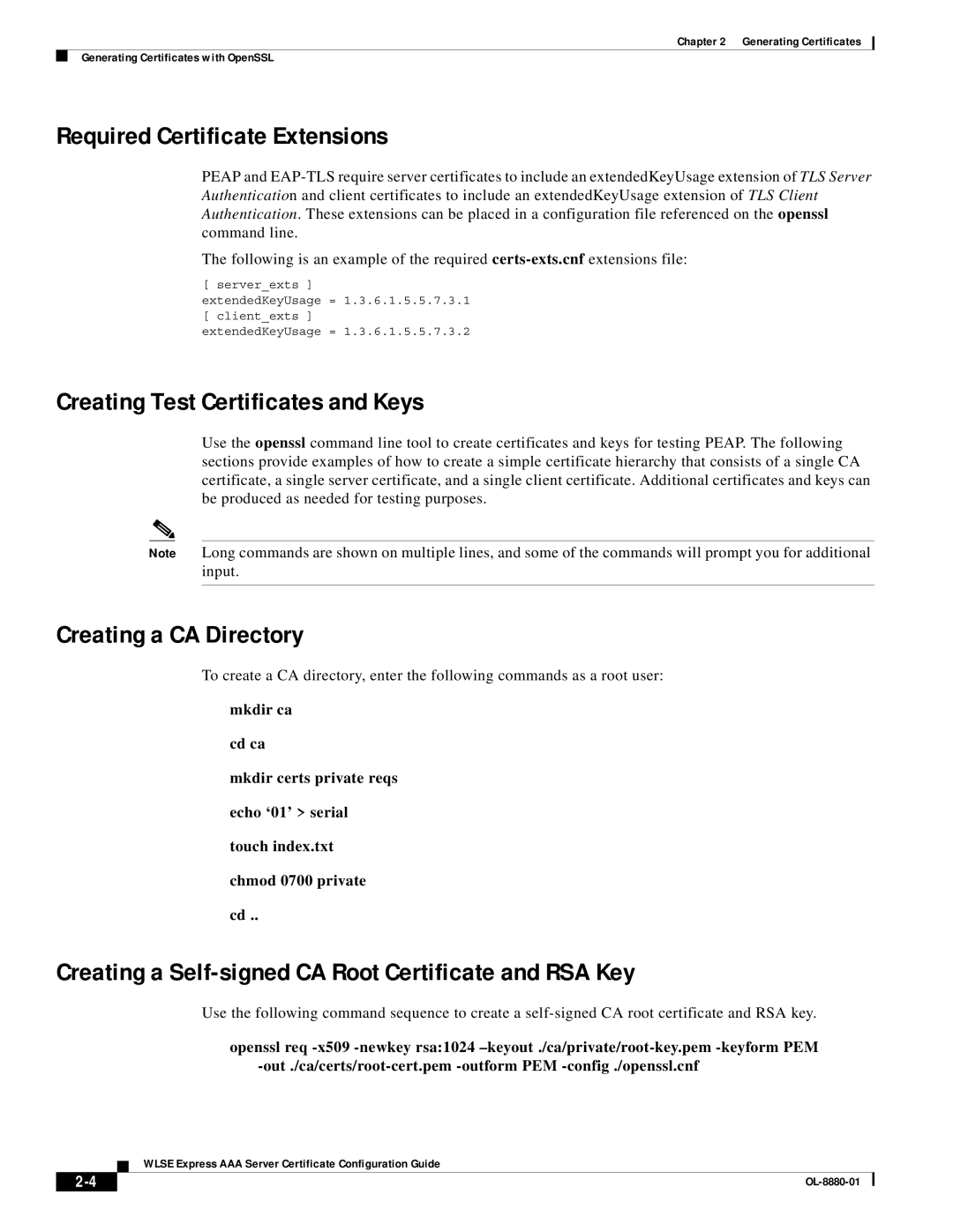 Eureka OL-8880-01 manual Required Certificate Extensions, Creating Test Certificates and Keys, Creating a CA Directory 