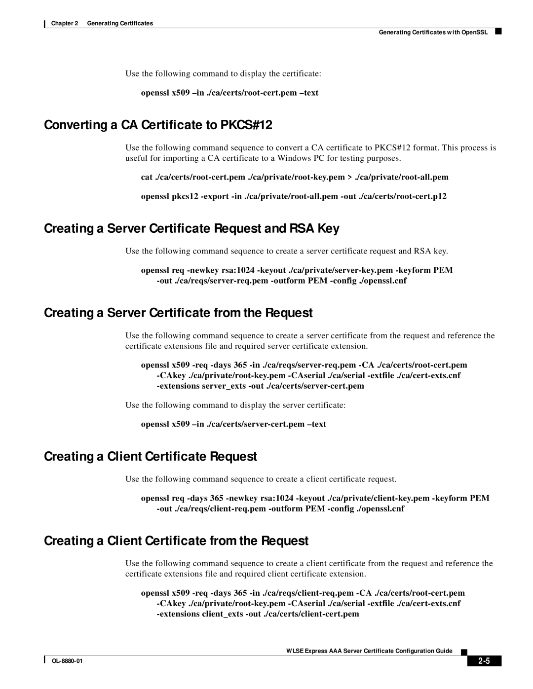 Eureka OL-8880-01 manual Converting a CA Certificate to PKCS#12, Creating a Server Certificate Request and RSA Key 