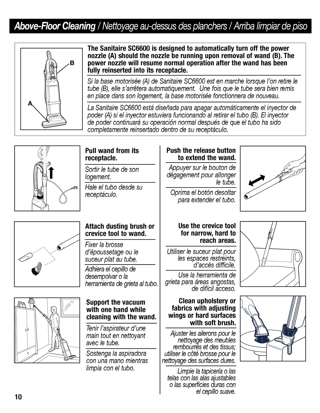 Eureka SC6610 Pull wand from its receptacle, Sortir le tube de son logement, Attach dusting brush or crevice tool to wand 