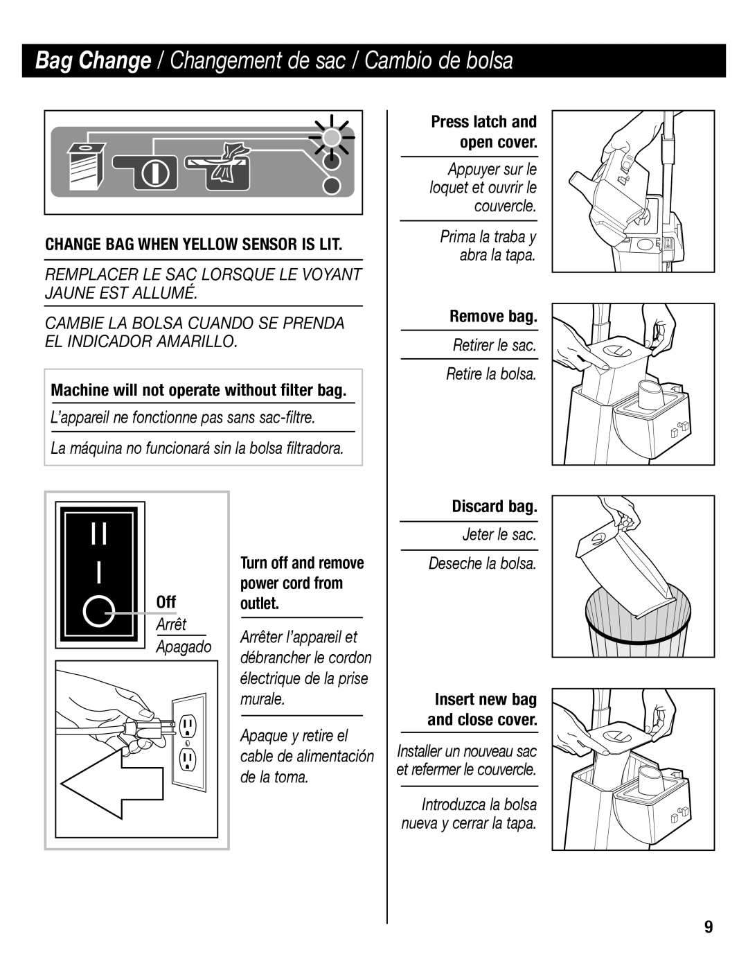 Eureka SC6610 manual Bag Change / Changement de sac / Cambio de bolsa, Machine will not operate without filter bag, Off 