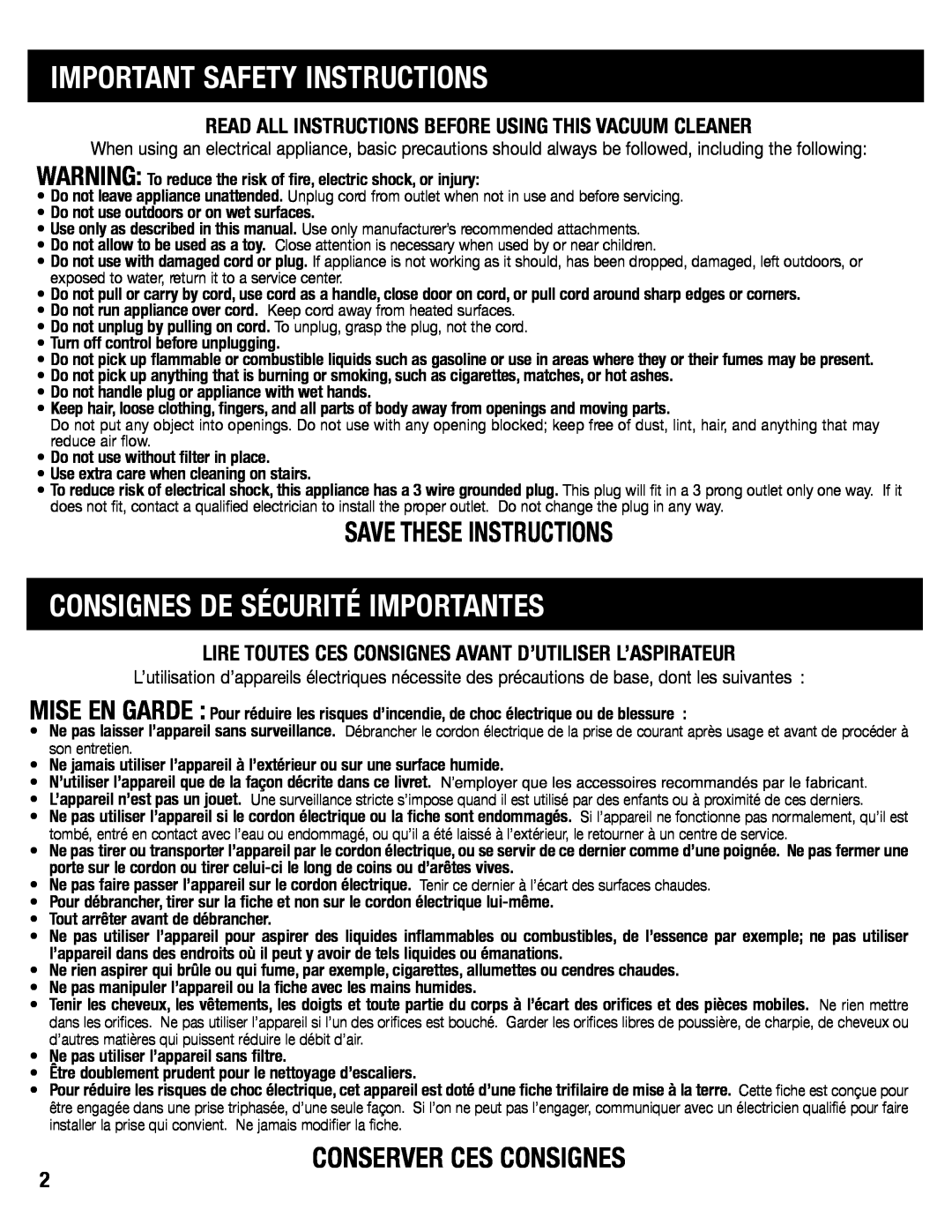 Eureka SC6610 manual Important Safety Instructions, Consignes De Sécurité Importantes, Save These Instructions 