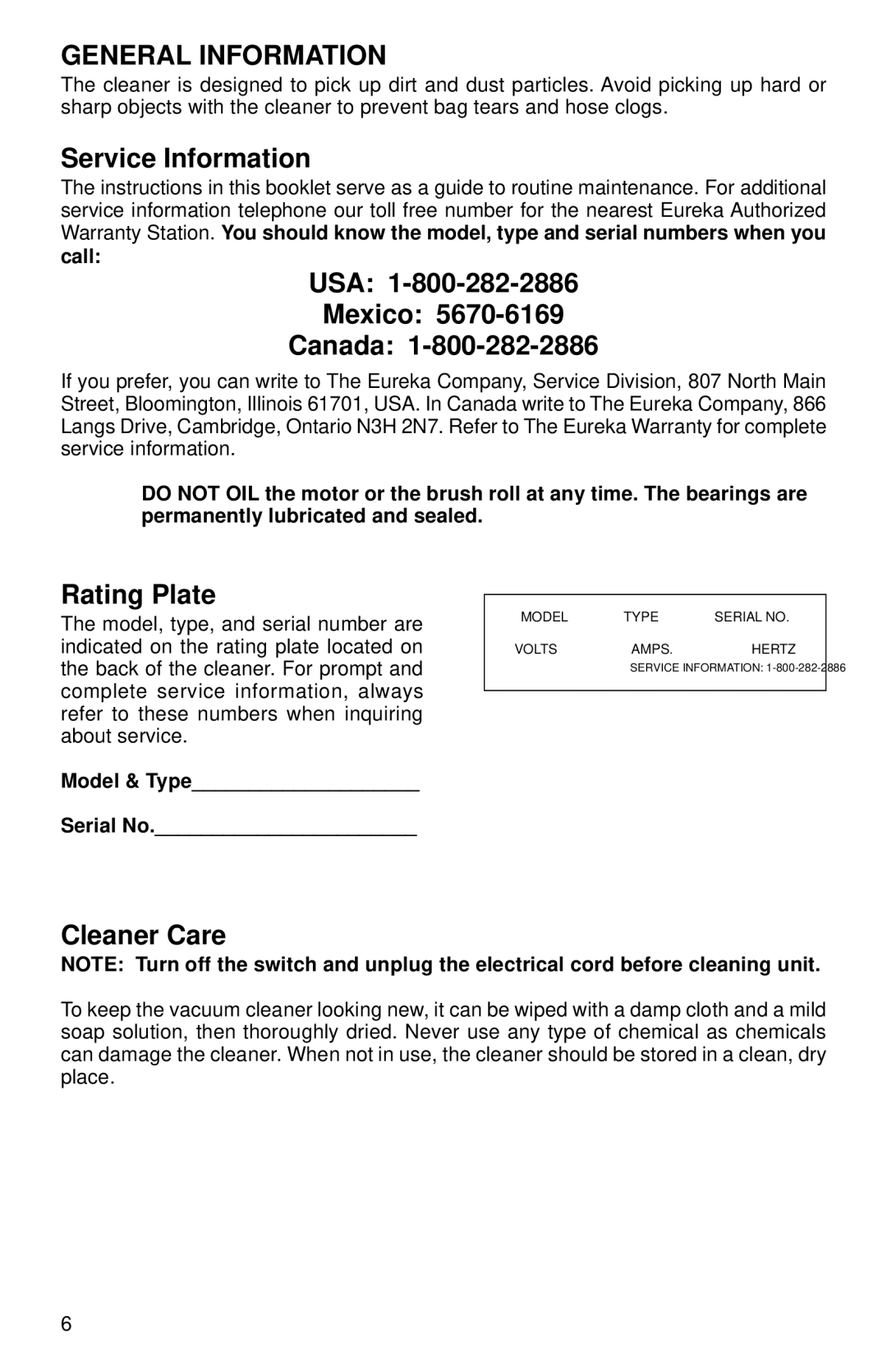 Eureka SC780 warranty General Information, Service Information, USA Mexico Canada, Rating Plate, Cleaner Care 