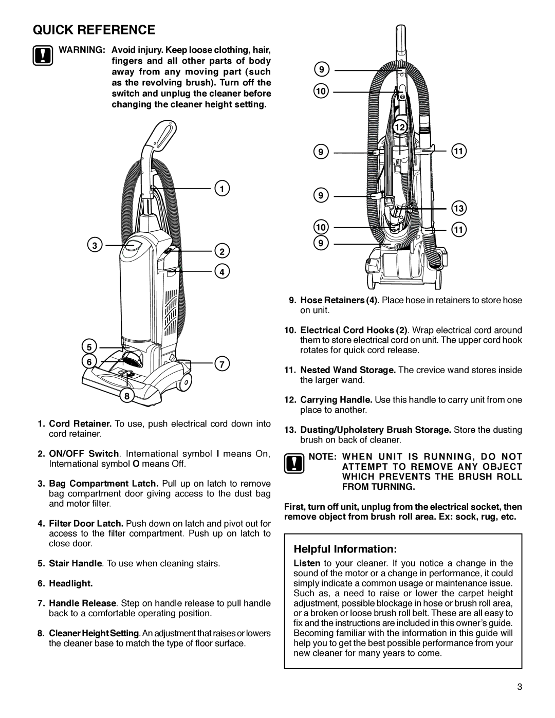 Eureka SP5816 warranty Quick Reference, Helpful Information, Headlight, Dusting/Upholstery Brush Storage. Store the dusting 