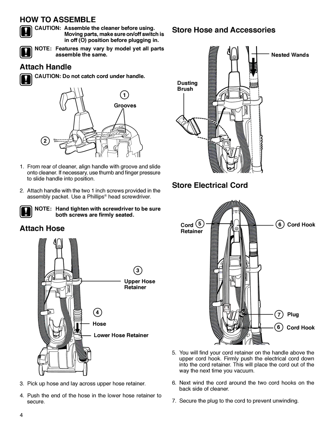 Eureka SP5816 warranty HOW to Assemble, Attach Handle, Attach Hose, Store Hose and Accessories, Store Electrical Cord 