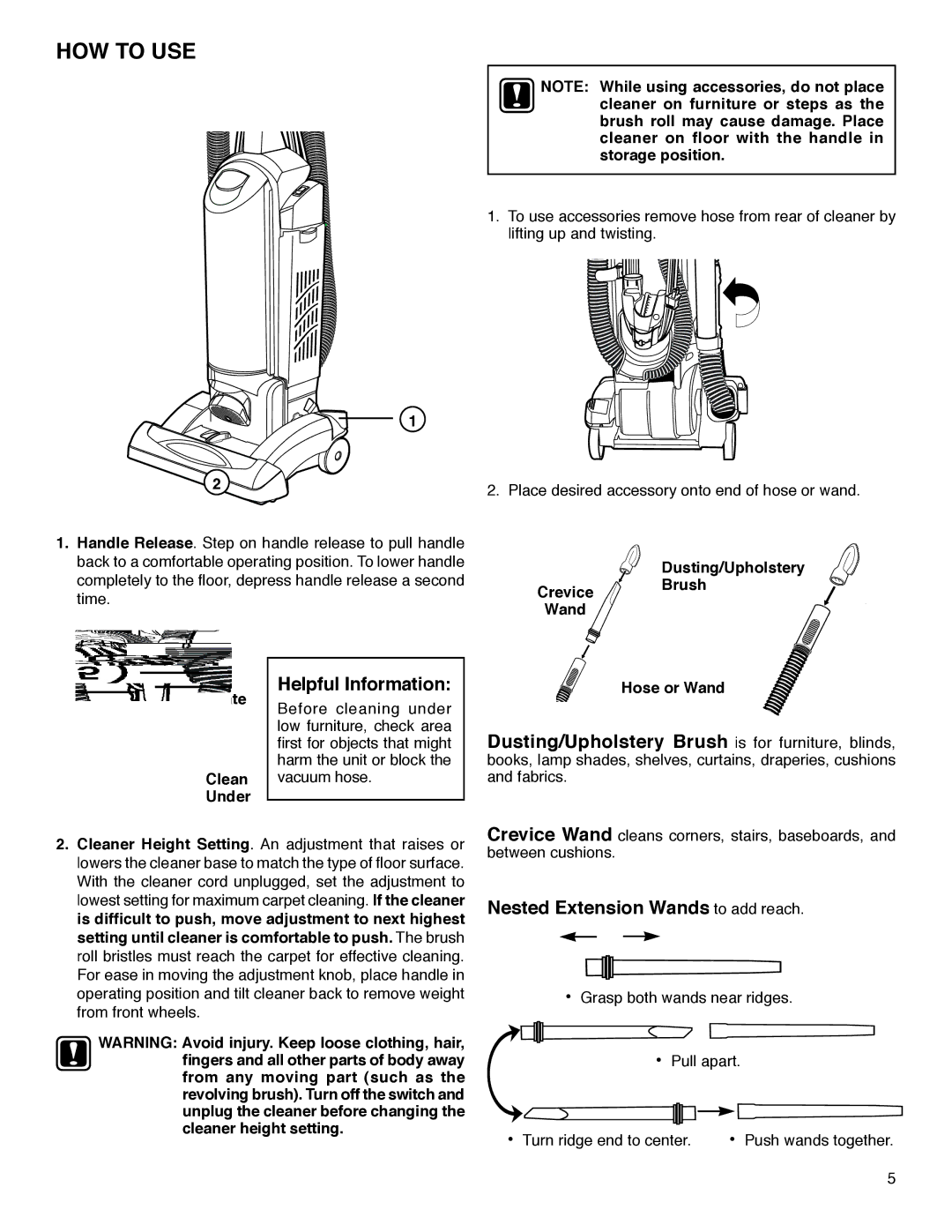 Eureka SP5816 warranty HOW to USE, Nested Extension Wands to add reach 