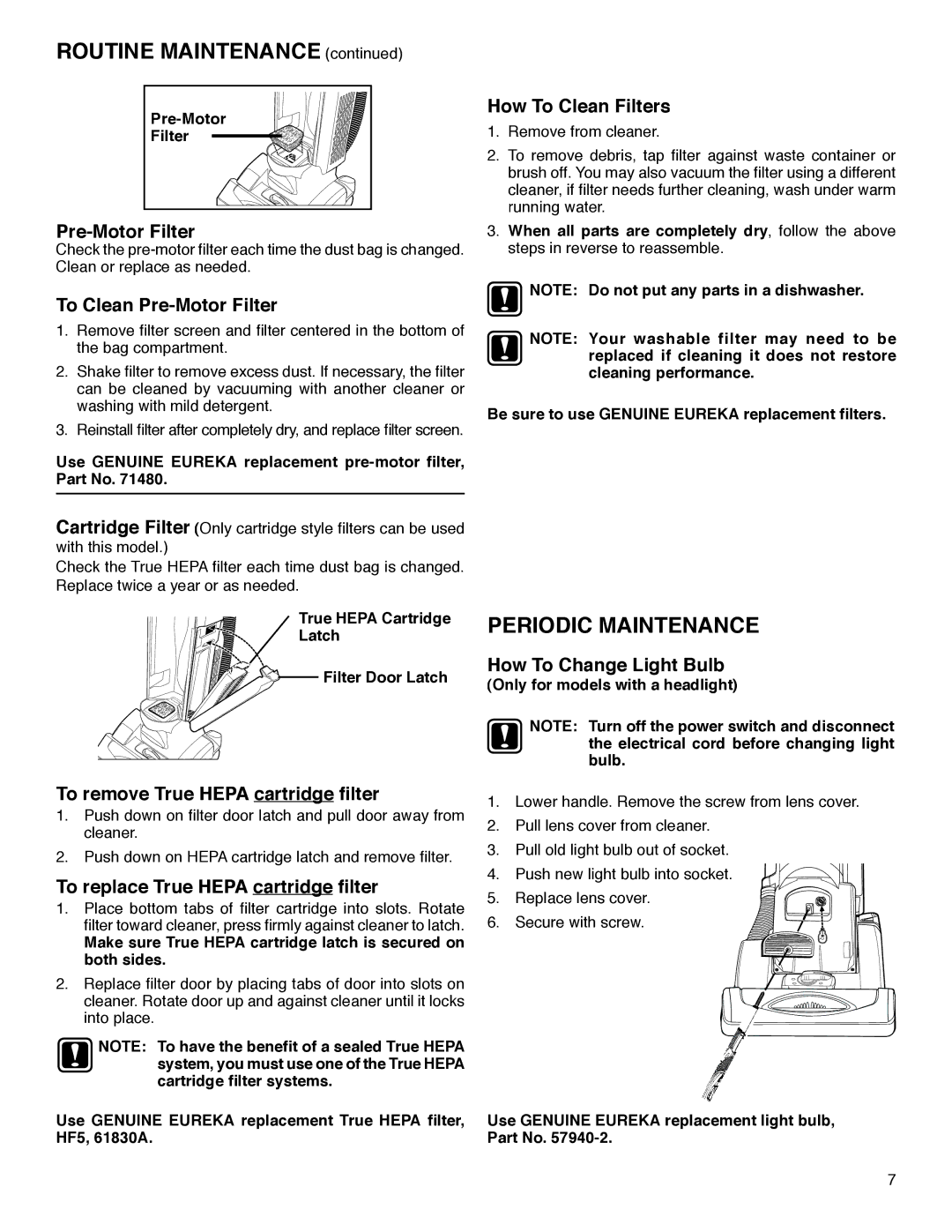 Eureka SP5816 warranty Routine Maintenance, Periodic Maintenance 