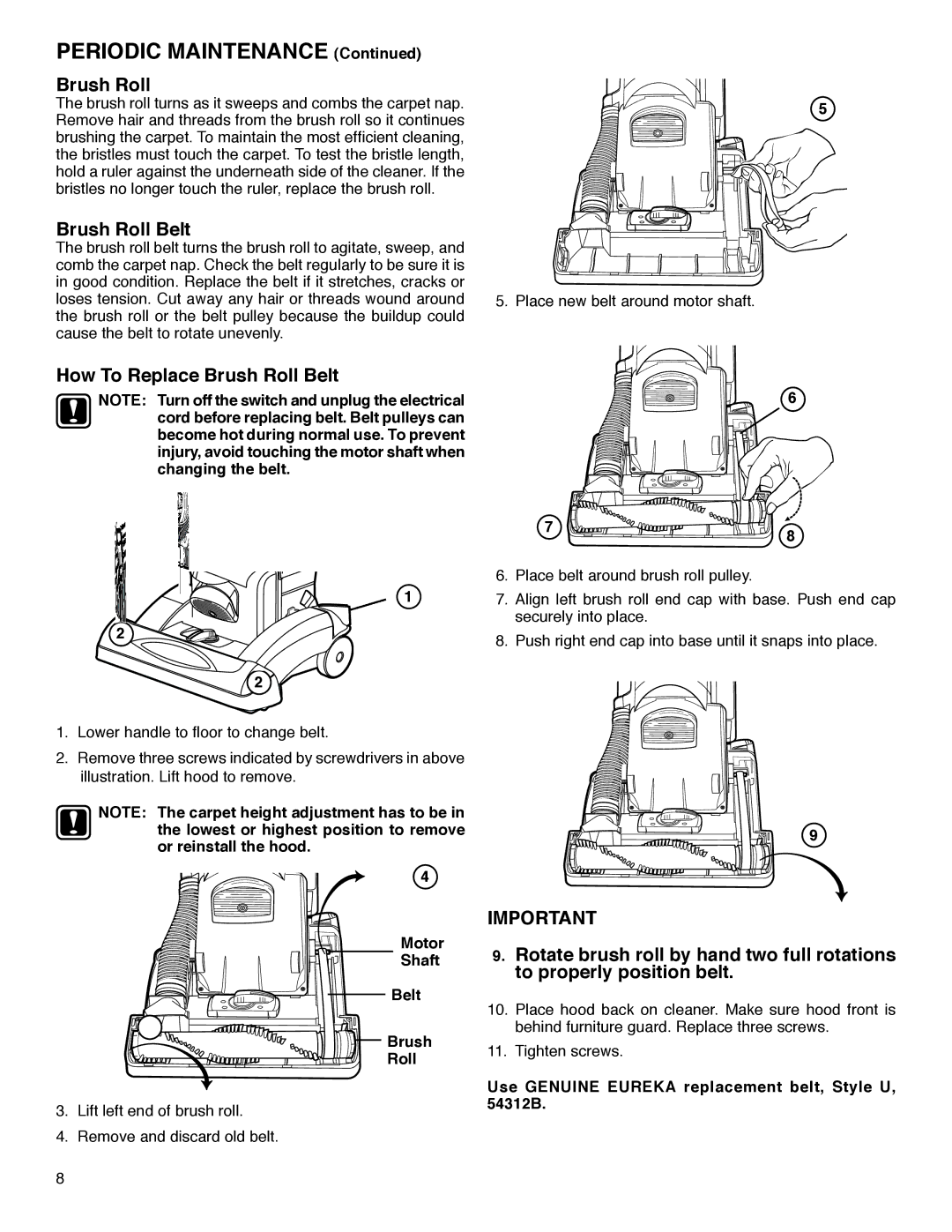 Eureka SP5816 warranty Periodic Maintenance, How To Replace Brush Roll Belt 