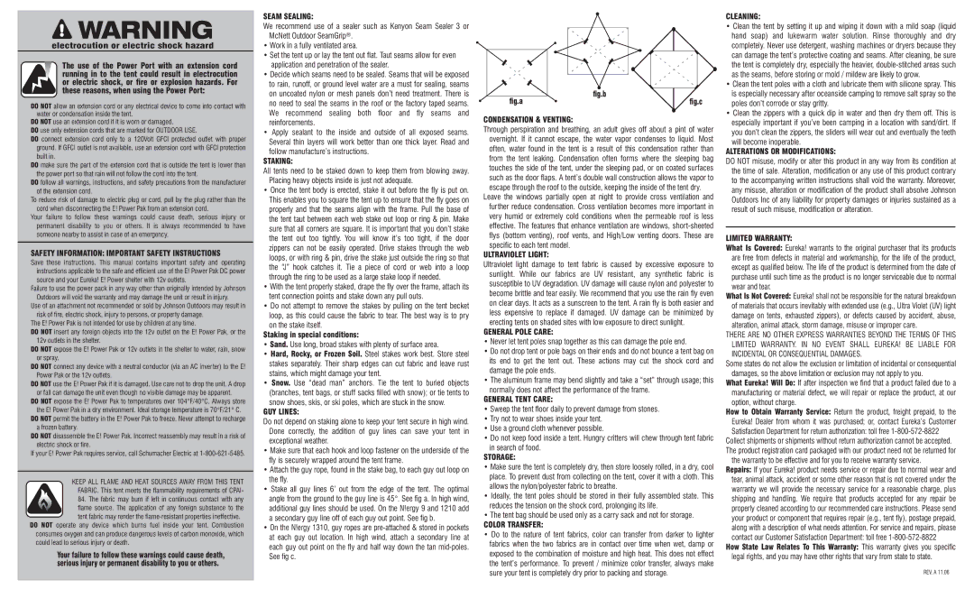 Eureka Tent Safety Information Important Safety Instructions, Seam Sealing, Staking, GUY Lines, Condensation & Venting 