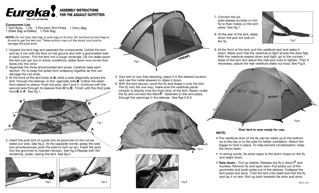 Eureka! Tents 4, 08 manual Component List, Your tent is now ready for use 