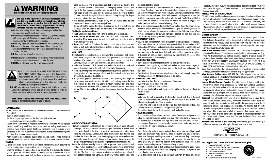 Eureka! Tents 1512, 1312 manual We support the Leave No Trace Seven Principles 