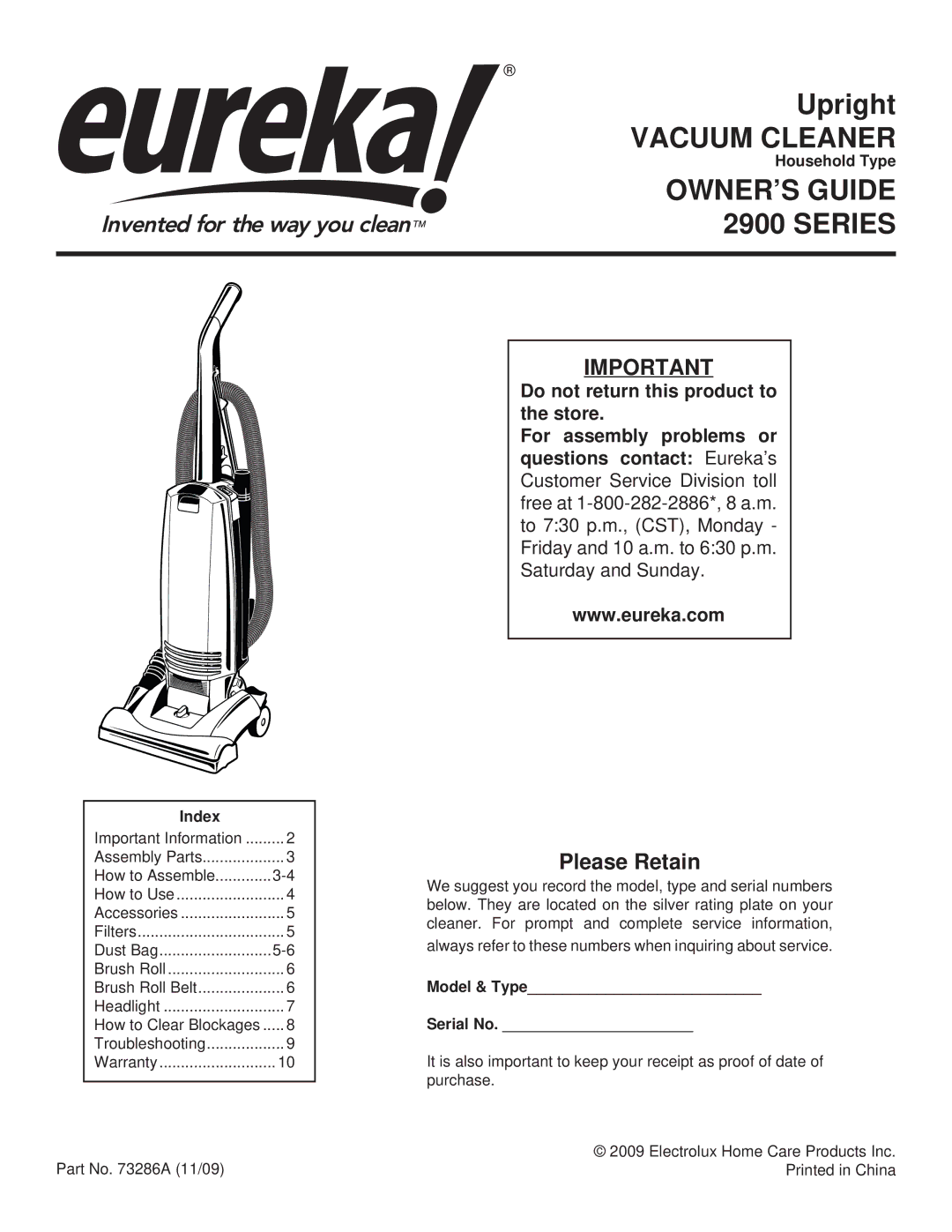 Eureka! Tents warranty Vacuum Cleaner, OWNER’S Guide 2900 Series, Please Retain 