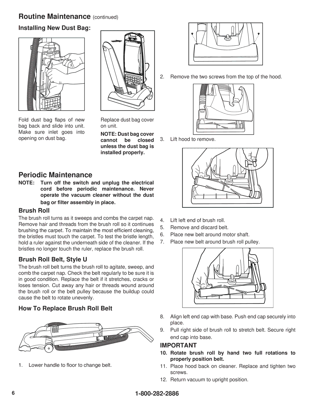 Eureka! Tents 2900 warranty Periodic Maintenance, Installing New Dust Bag, Brush Roll Belt, Style U 