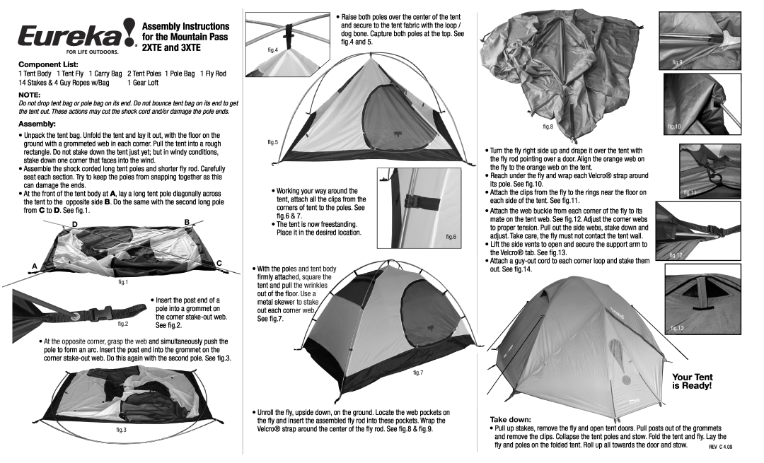 Eureka! Tents manual 2XTE and 3XTE, Your Tent is Ready, Assembly Instructions, for the Mountain Pass, Component List 