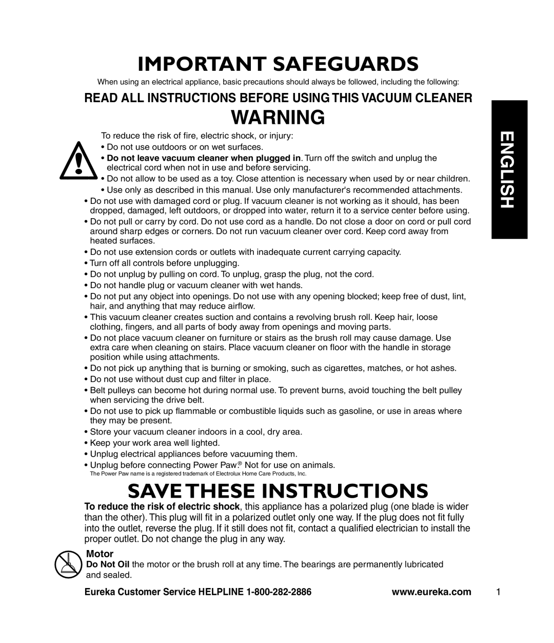 Eureka! Tents 4700 manual Important Safeguards, Motor 