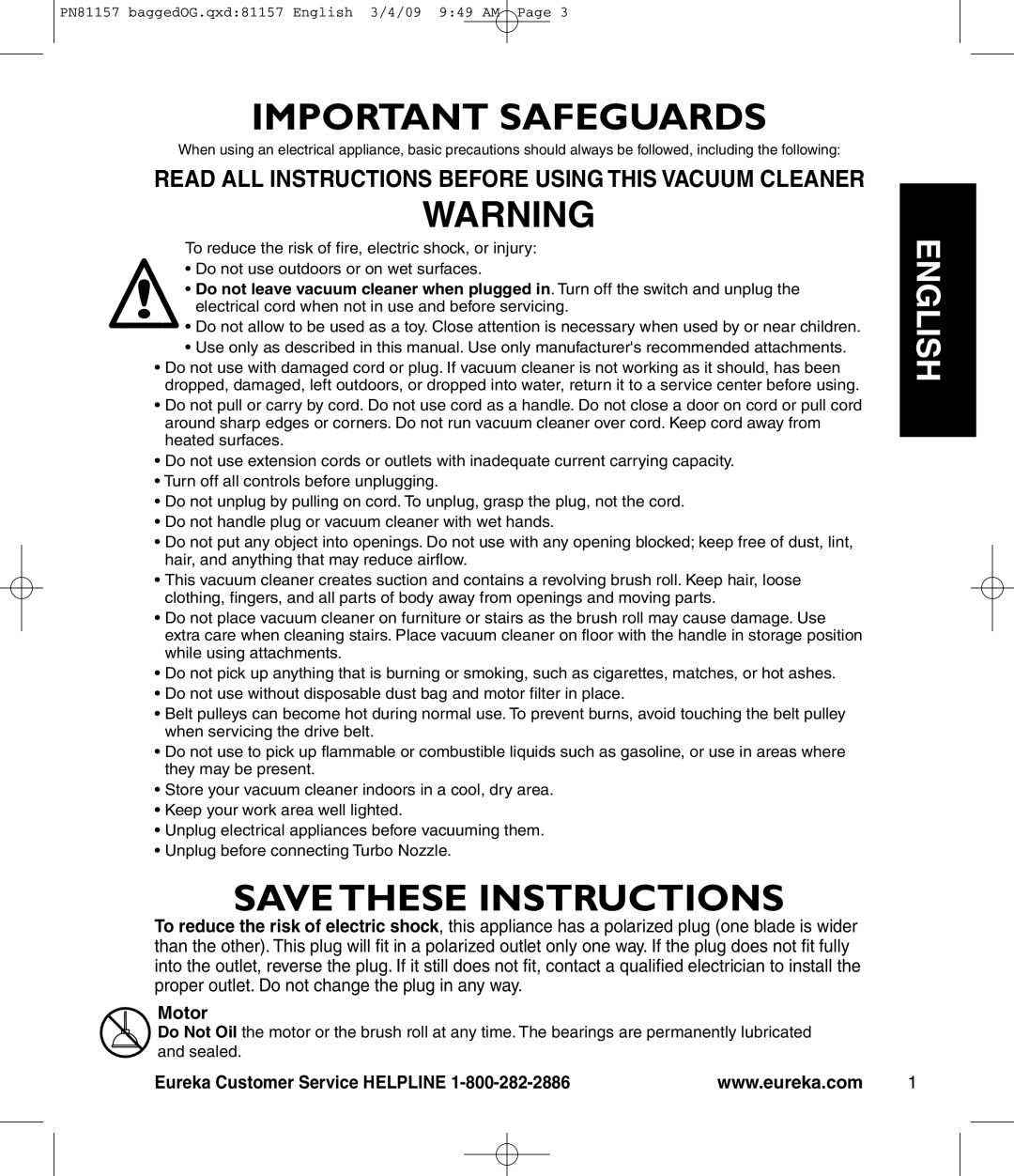 Eureka! Tents 4750 manual Important Safeguards, Motor 