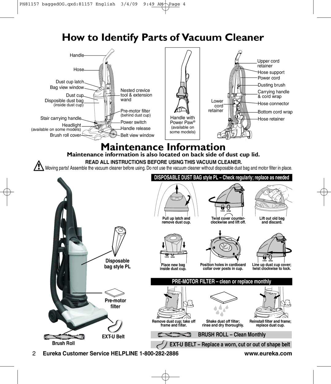 Eureka! Tents 4750 manual How to Identify Parts of Vacuum Cleaner, Maintenance Information, Brush Roll Clean Monthly 