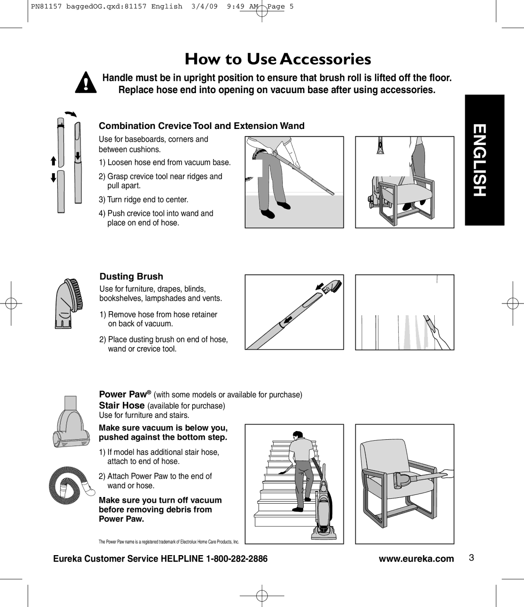 Eureka! Tents 4750 manual How to Use Accessories, Combination Crevice Tool and Extension Wand, Dusting Brush 