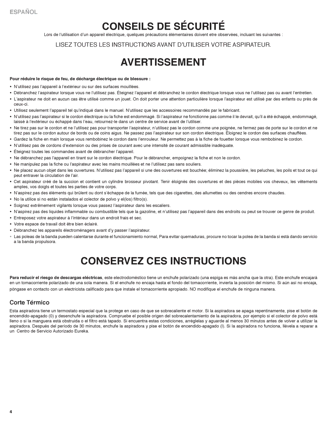 Eureka! Tents 60 manual ConSeIlS De SéCURIté, AVeRtISSement, ConSeRVeZ CeS InStRUCtIonS, Corte térmico 