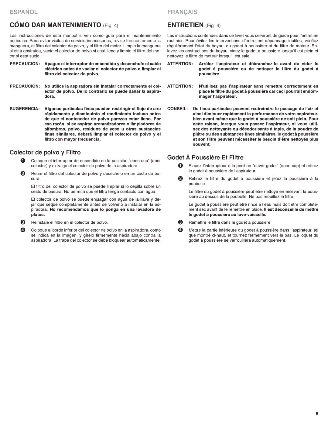 Eureka! Tents 60 manual Cómo DaR mantenImIento Fig EntRetIen Fig, Colector de polvo y filtro, Godet À Poussière et filtre 