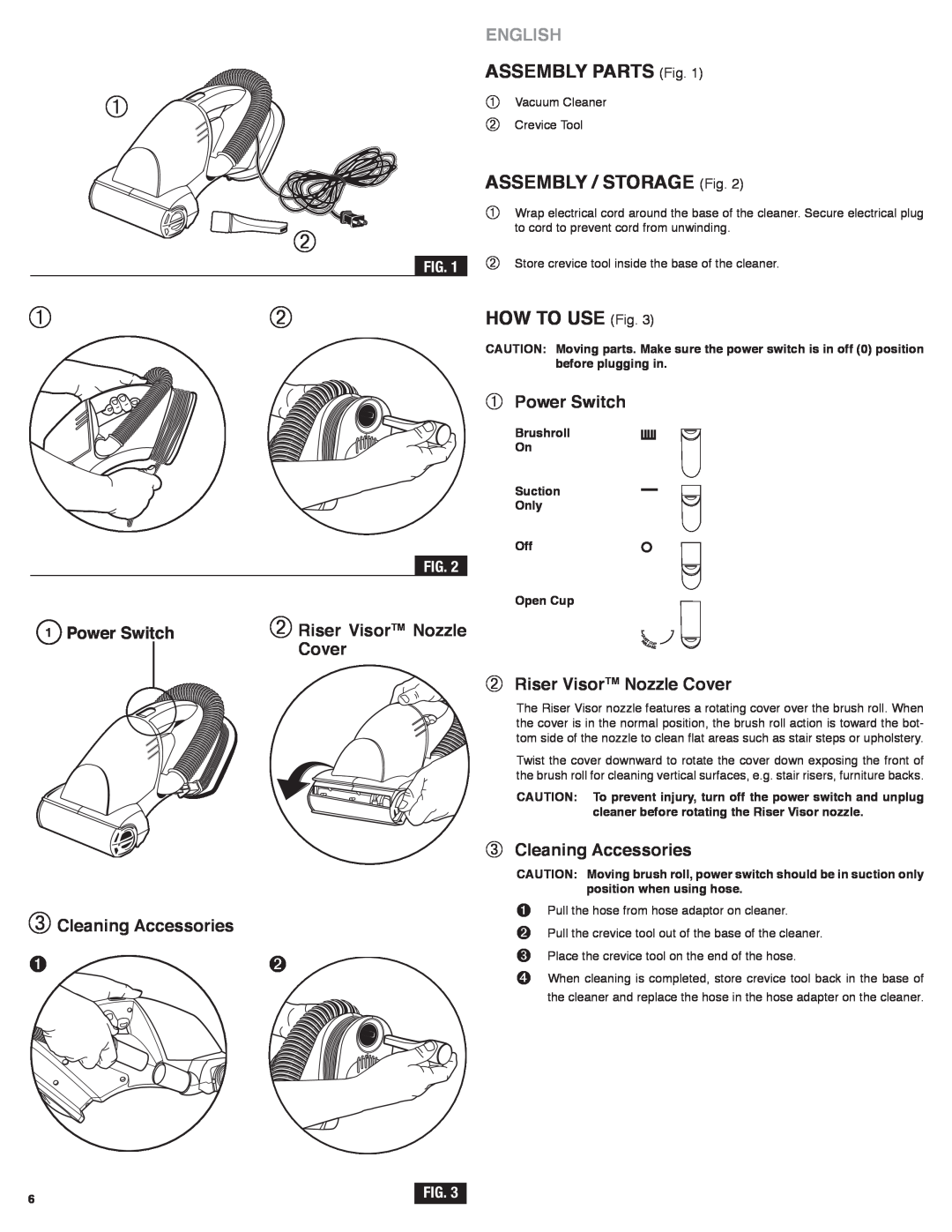 Eureka! Tents 60 manual ➁ Riser Visor tm nozzle, Cover, ➂ Cleaning accessories, Power Switch, English, aSSemBlY PaRtS Fig 